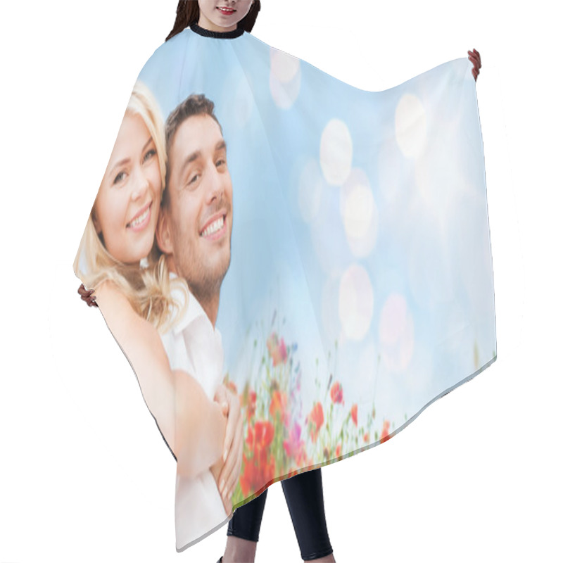 Personality  Happy Couple Having Fun Over Poppy Flowers Field Hair Cutting Cape