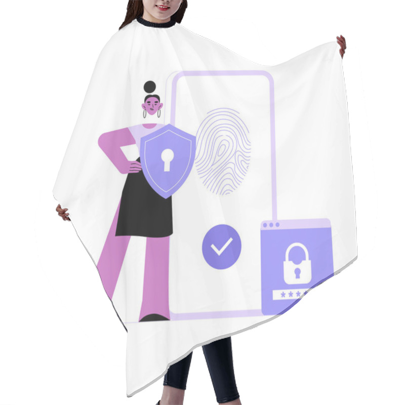 Personality  Female Character With A Security Shield And Fingerprint Scanner Interface, Symbolizing Fingerprint Authentication, Biometric Verification, Secure Access, And Data Privacy. Hair Cutting Cape