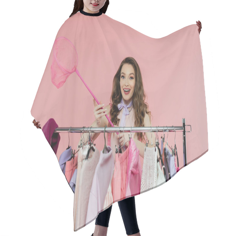 Personality  Consumerism, Fashion Photography, Cheerful And Young Woman Holding Net On Pink Background, Standing Near Rack With Clothes, Wardrobe Selection, Fashion And Trends  Hair Cutting Cape