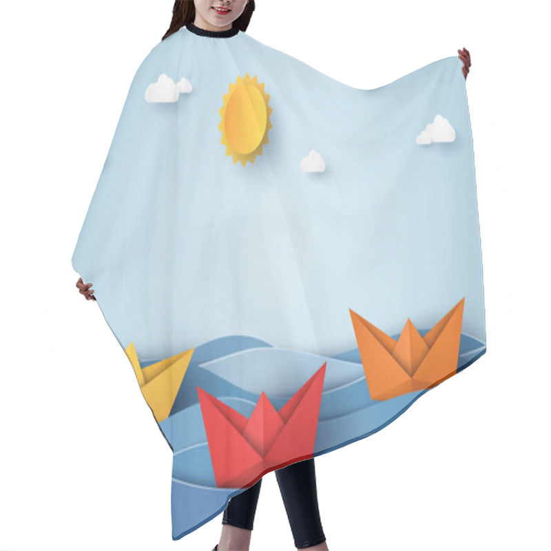 Personality  Origami Boat Sailing In Blue Ocean , Paper Art Style Hair Cutting Cape