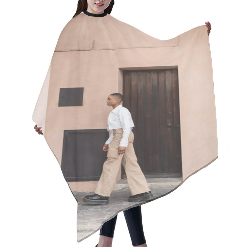 Personality  Side View Of Smiling African American Woman Walking Near Building On Street In Italy Hair Cutting Cape