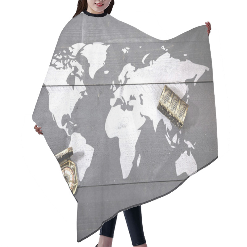 Personality  World Map With Compass And Treasure On Dark Black Wooden Background Hair Cutting Cape