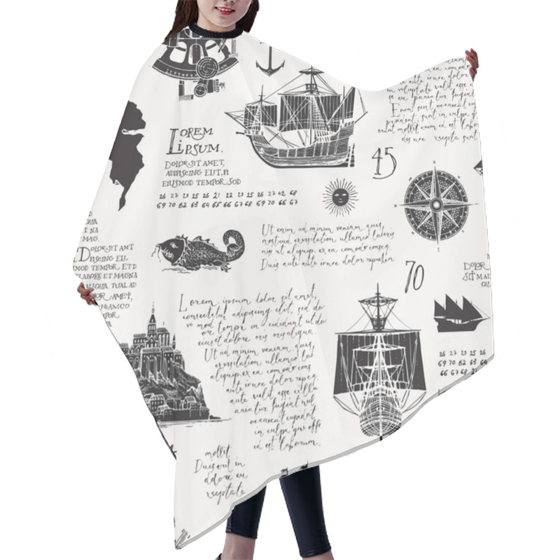 Personality  Seamless Pattern With Handwritten Latin Text Lorem Ipsum And Hand-drawn Islands, Sailboats, Wind Rose. Vector Background On The Theme Of Sea Travel, Adventure And Discovery In Vintage Style Hair Cutting Cape