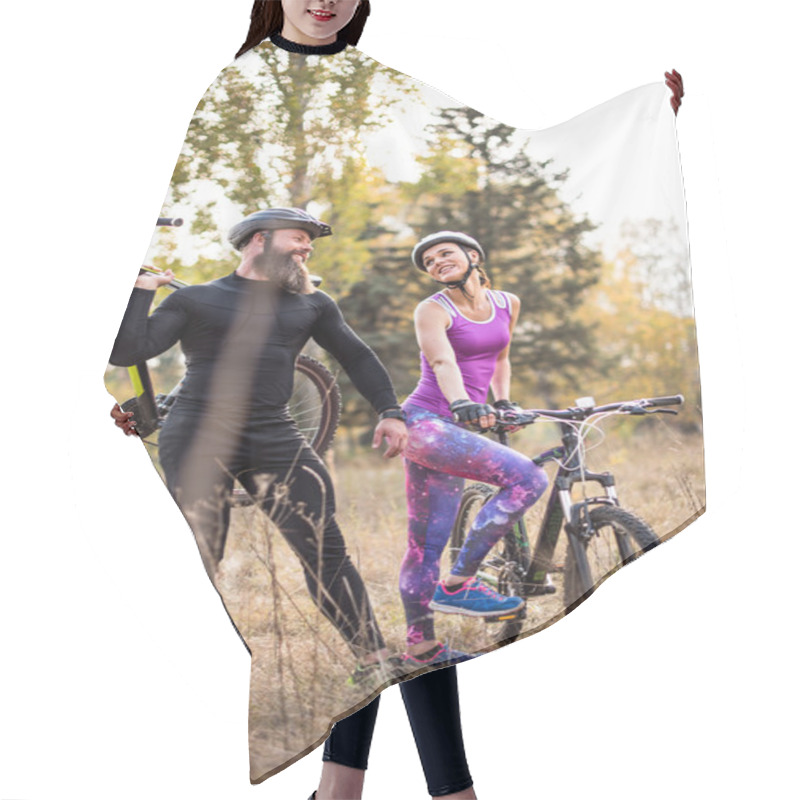 Personality  Cyclists With Bicycles In Autumn Park Hair Cutting Cape