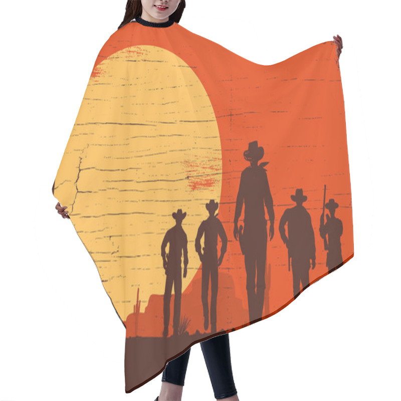 Personality  Silhouette Of Five Cowboys Walking Forward On A Wooden Board Hair Cutting Cape