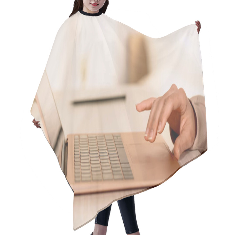 Personality  Cropped View Of Woman Using Laptop With Blank Screen On Table  Hair Cutting Cape