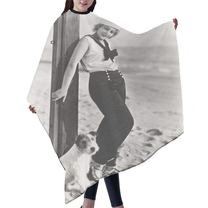 Personality  Young Woman And Dog On Beach Hair Cutting Cape