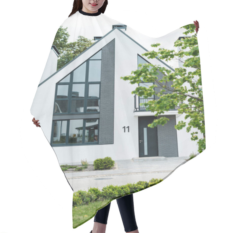 Personality  Selective Focus Of Green Grass Near New Modern And Luxury House  Hair Cutting Cape