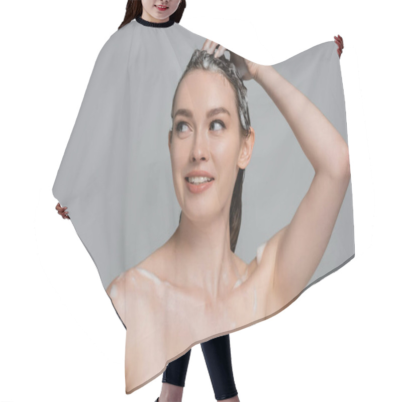 Personality  Cheerful Young Woman Washing Foamy Hair Isolated On Grey Hair Cutting Cape