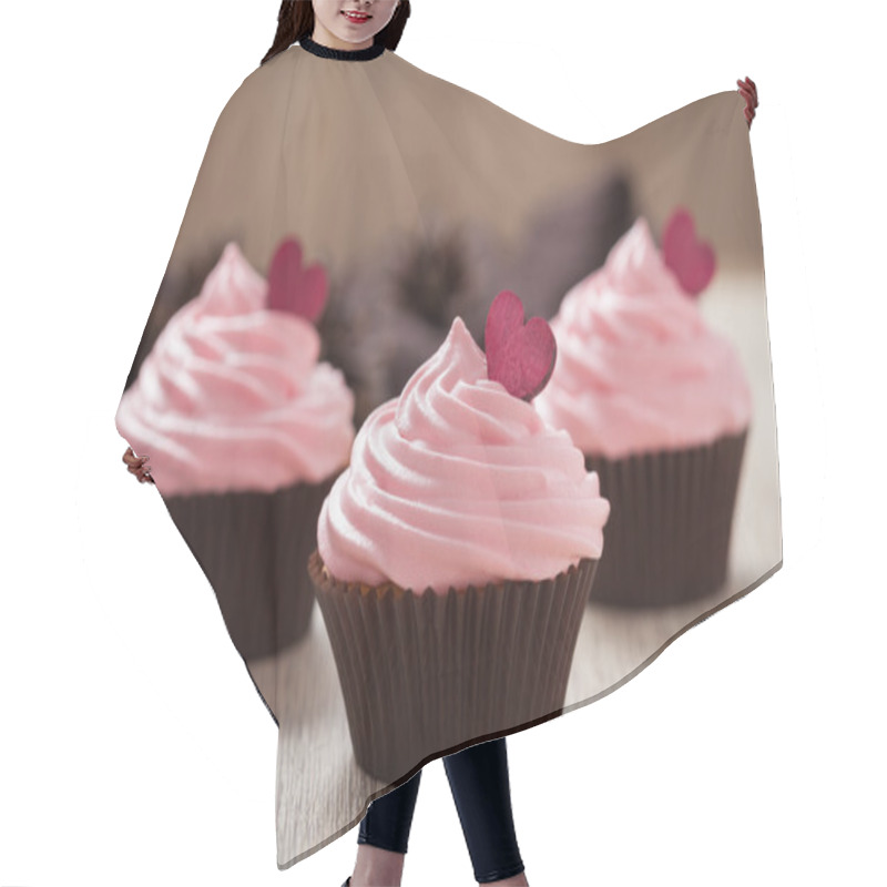 Personality  Homemade Cupcakes Traditional Sweet Dessert With Pink Cream And Red Hearts On Vintage Cloth Background. Hair Cutting Cape