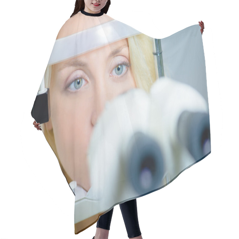 Personality  Blond Woman Having Her Eyes Tested Hair Cutting Cape