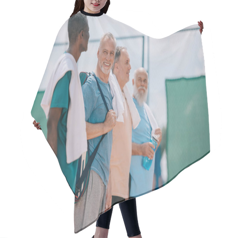 Personality  Side View Of Multicultural Elderly Men With Towels And Tennis Equipment On Tennis Court Hair Cutting Cape