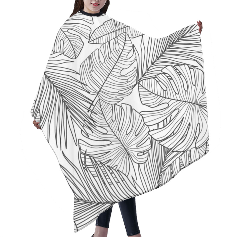 Personality  Monstera Line Leaves Seamless Pattern On White Background. Hair Cutting Cape