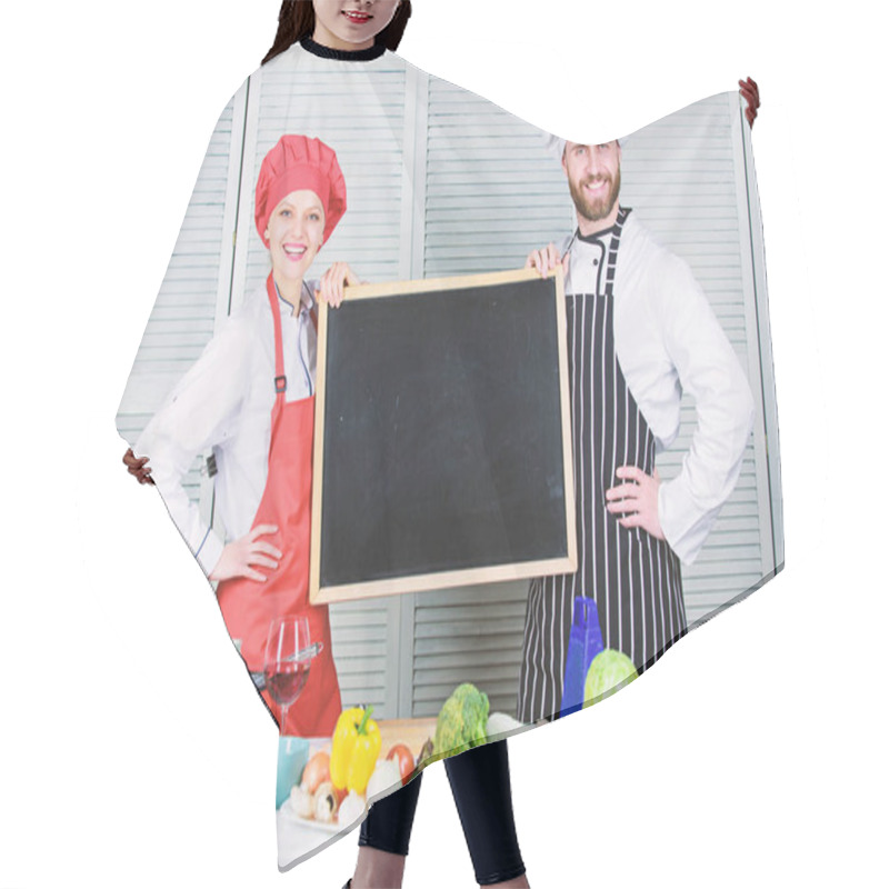 Personality  Making Good Food. Chef And Cook Helper Teaching Master Class. Couple Of Man And Woman Holding Empty Blackboard In Cooking School. Master Cook And Prep Cook Giving Cooking Class, Copy Space Hair Cutting Cape