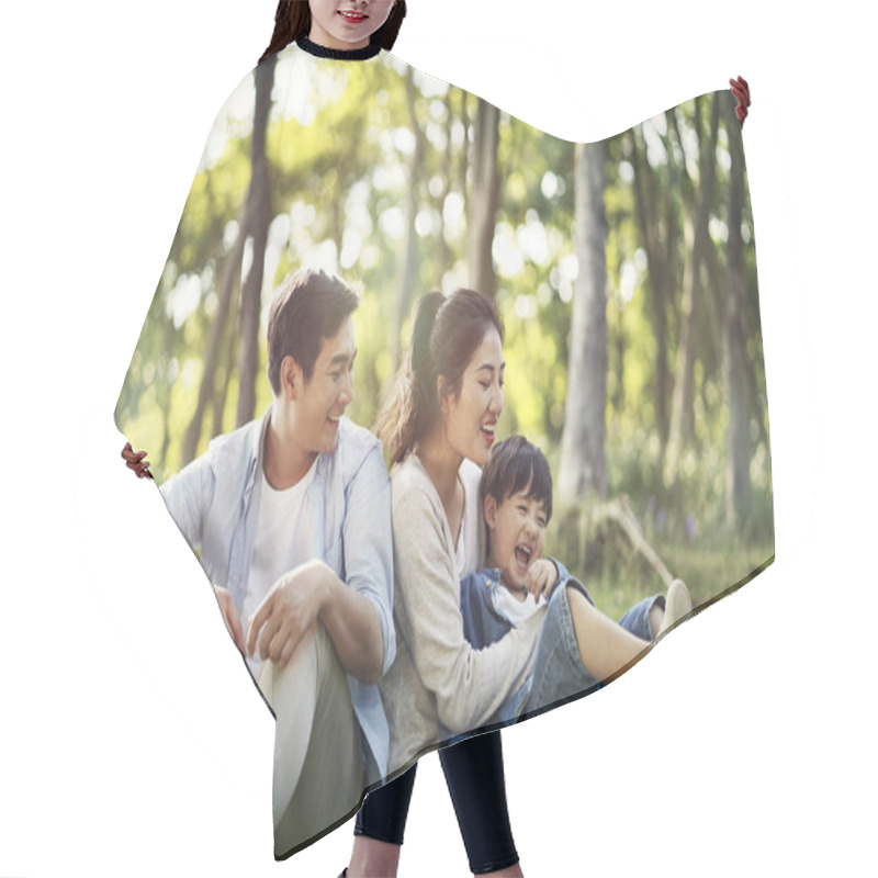 Personality  Asian Family With One Child Relaxing Outdoors Hair Cutting Cape