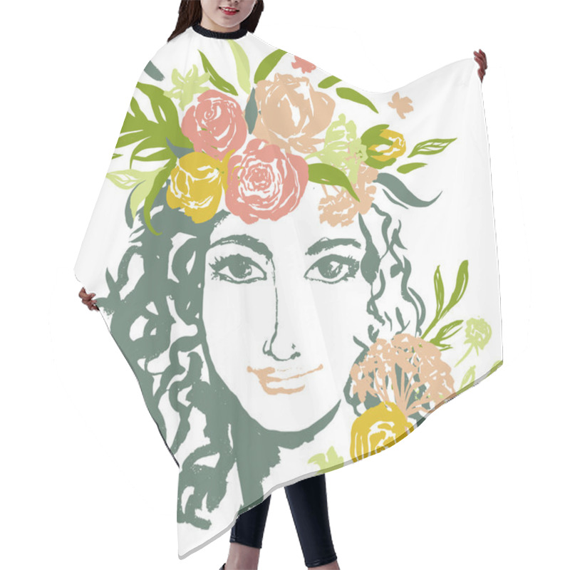 Personality  Grunge Floral Vector Girl Portrait With Hand Drawn Flowers. Hair Cutting Cape