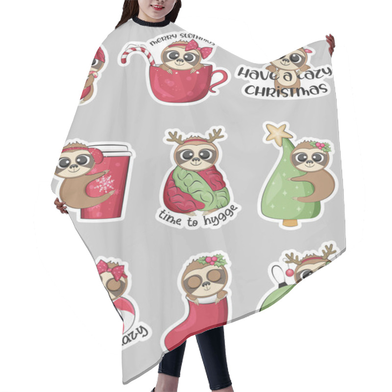 Personality  Cute Christmas Sloths Stickers Collection. Vector Illustration.  Hair Cutting Cape