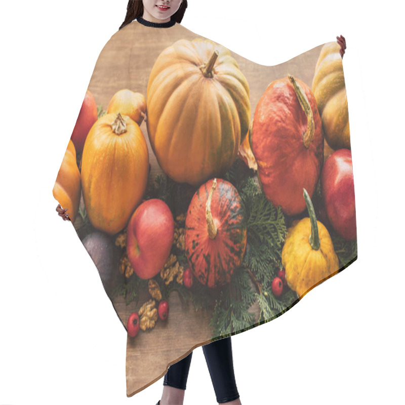 Personality  Various Fruits And Vegetables With Fir Branches On Wooden Table Hair Cutting Cape