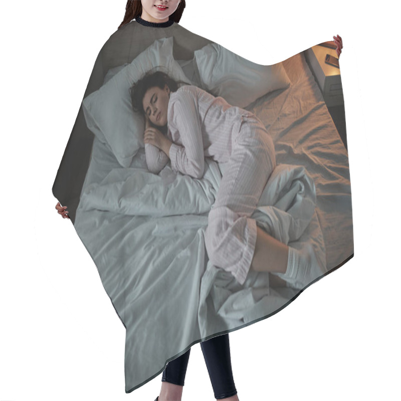 Personality  A Woman Lies Curled Up In Bed, Battling Her Inner Turmoil And Feelings Of Sadness As Night Falls. Hair Cutting Cape