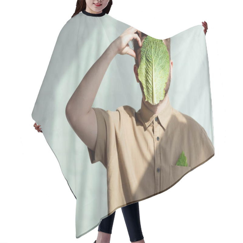 Personality  Obscured View Of Pensive Man With Savoy Cabbage Leaf On Face, Vegan Lifestyle Concept Hair Cutting Cape