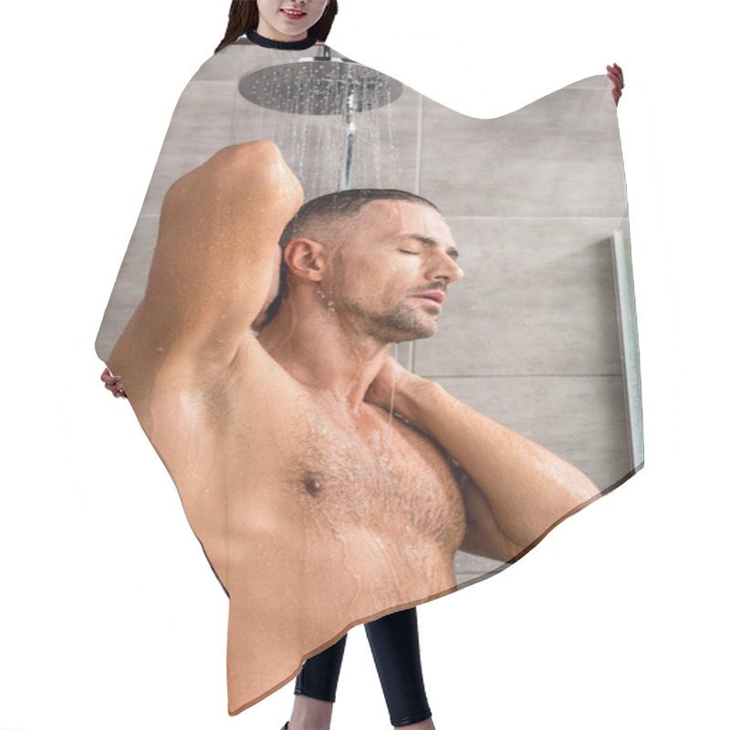 Personality  Adult Man With Closed Eyes Taking Shower In Morning At Home Hair Cutting Cape