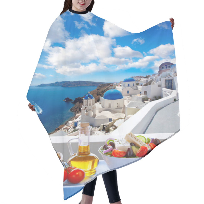 Personality  Greek Salad Against Famous Church In Oia Village, Santorini Island In Greece Hair Cutting Cape