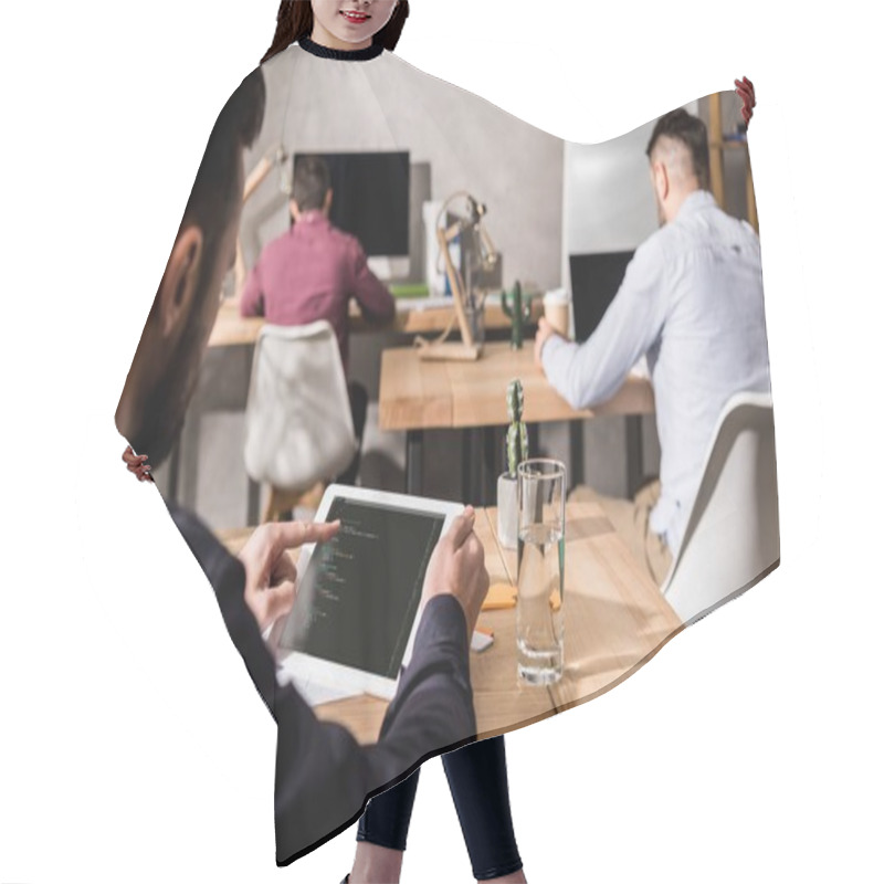 Personality  Businessman Holding Tablet With Loading System Hair Cutting Cape