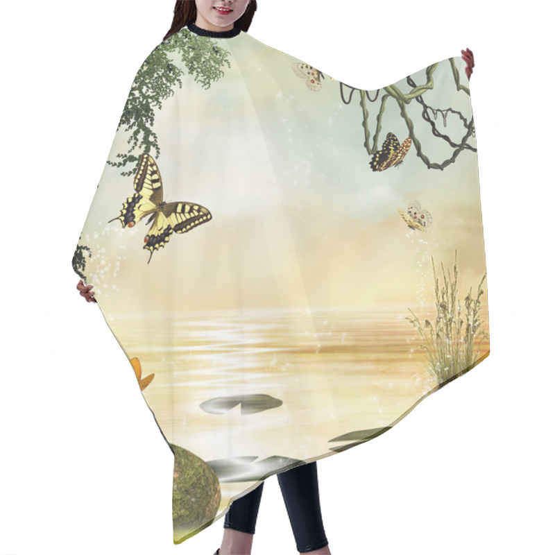 Personality  View Of A Fantasy Pond With Butterflies Hair Cutting Cape