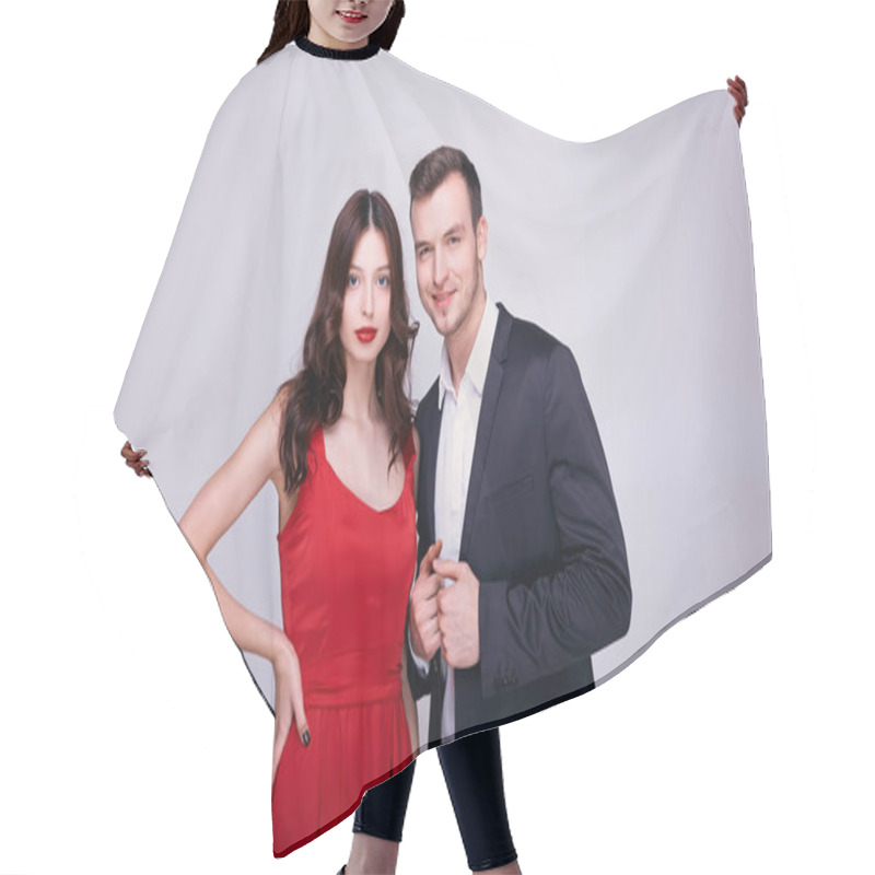 Personality  Portrait Of Two Nice Lovely Graceful Attractive Cheerful Imposing Positive People, Married Spouses, Friends, Romance Isolated Over Background. Hair Cutting Cape