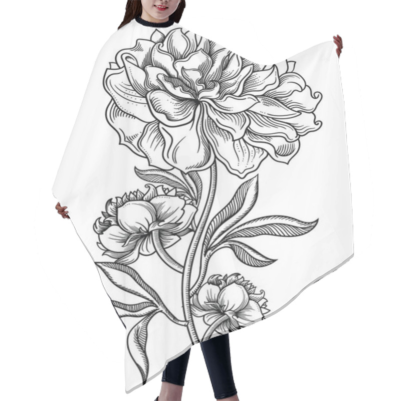 Personality  Blooming Peony Flowers , Detailed Hand Drawn Vector Illustration. Romantic Decorative Flower Drawing.All Objects Drawn In Detailed And Accurate Line Style  Isolated On White Background.Sketchy Flower Hair Cutting Cape