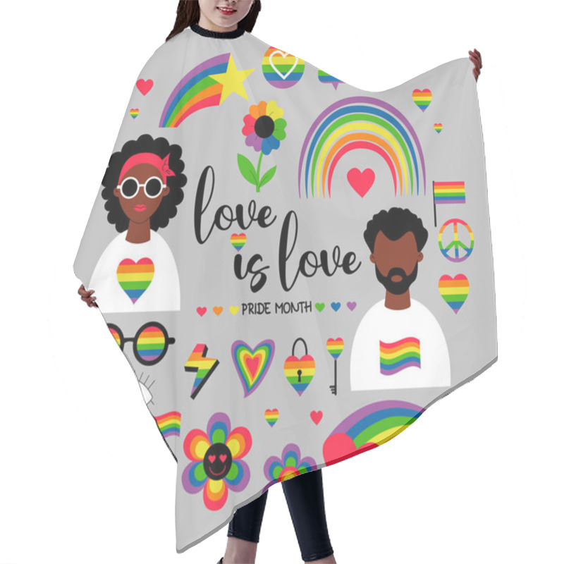 Personality  Vector Set Of LGBTQ Community Symbols. LGBT Pride Month Black Lesbian Woman And Gay Ethnic Man, Pride Flags, Retro Rainbow And Love Elements, Reconciliation Symbol. Gay Pride, Groovy Celebration Hair Cutting Cape