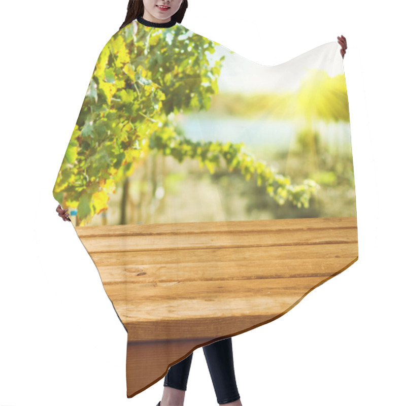 Personality  Empty Wooden Deck Table Over Vineyard Bokeh Background Hair Cutting Cape