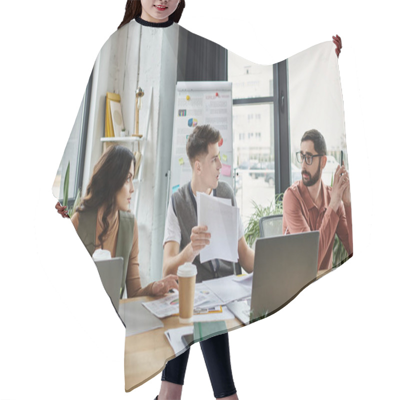 Personality  Colleagues In Casual Elegant Attire Discuss Important Documents At Work. Hair Cutting Cape