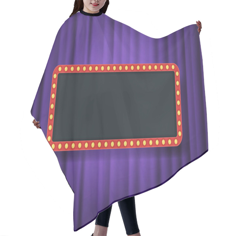 Personality  Bulb Frame With Empty Space On Purple Theater Curtains Background. Vector Design Element. Space For Text, Advertisement. Blank Template Hair Cutting Cape