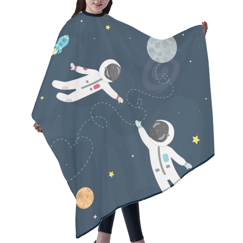 Personality  Space Love Vector Illustration. Boy Astronaut And Girl Astronaut Fly To Each Other. Hair Cutting Cape