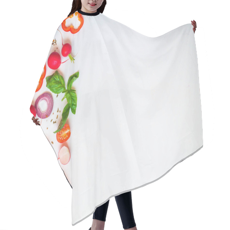 Personality  Cook Frame With Fresh Vegetables On White Background Top View Space For Text Hair Cutting Cape