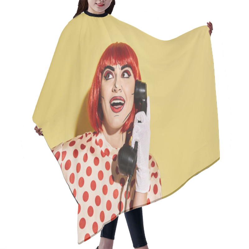 Personality  A Vibrant Redhead Woman In Comic-inspired Makeup Chats On A Phone Against A Bright Yellow Backdrop. Hair Cutting Cape