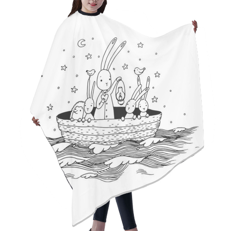 Personality  Cute Little Hares And Hedgehog Floating In A Boat On The River. Hair Cutting Cape