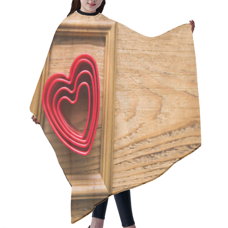 Personality   Red Hearts Inside Wooden Photo Frameon Wooden Table Background. Happy Valentines Day Idea Hair Cutting Cape