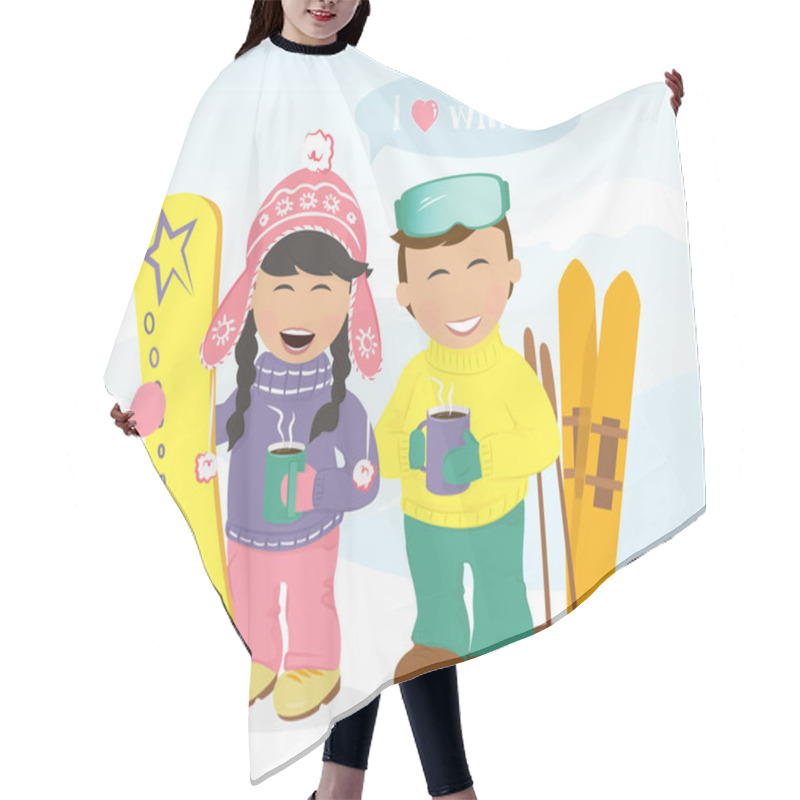 Personality  Boy And Girl With Skis And Snowboard Drinking Coffee. Hair Cutting Cape