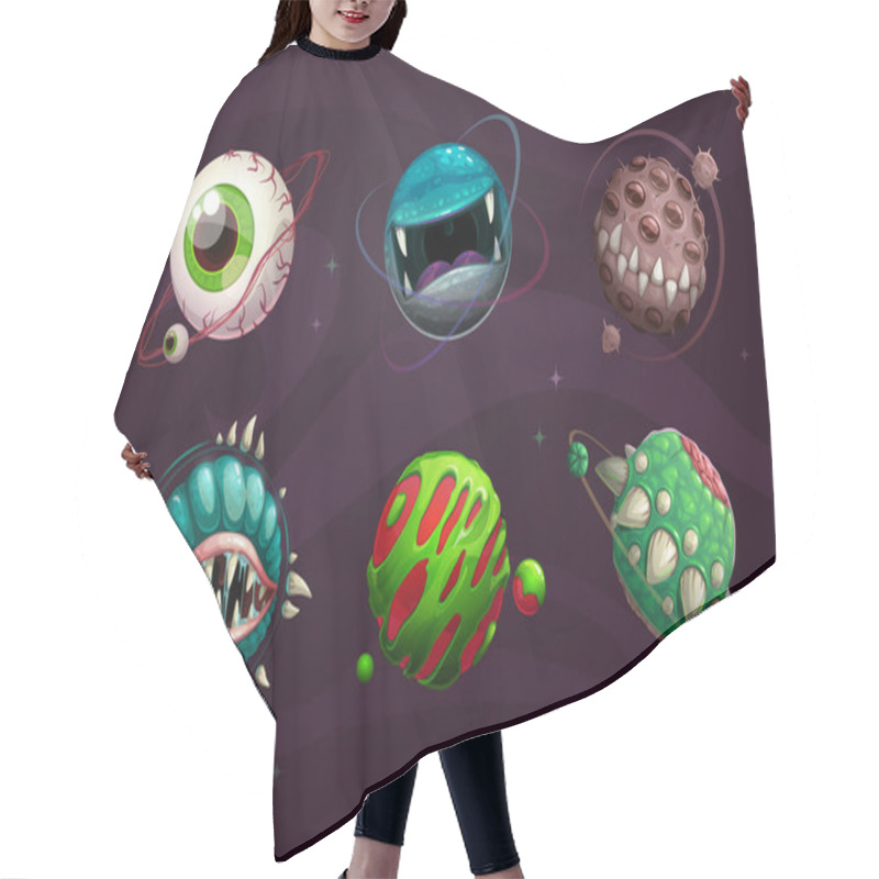 Personality  Evil Planet Concept. Scary Monster Planets Set. Fantasy Cosmic Assets For Game Design. Hair Cutting Cape