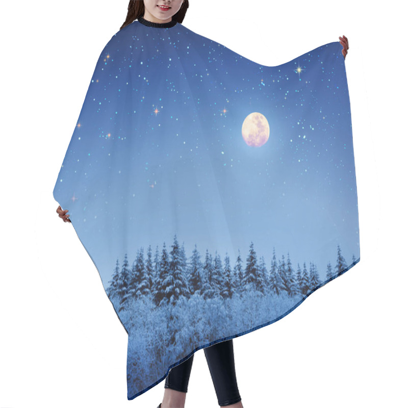 Personality  Winter Forest With Snow Covered Trees And Stars Sky And Full Moon. Hair Cutting Cape