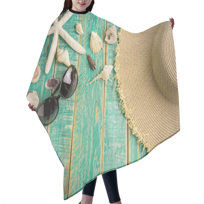 Personality  Seashells On Green Wooden Plank With Straw Hat And Sunglass Hair Cutting Cape