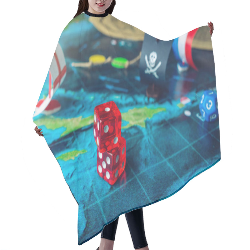 Personality  Red Playing Bones On The World Map Of The Field Handmade Board Games With A Pirate Ship Hair Cutting Cape