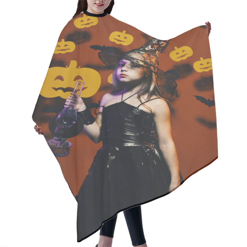 Personality  Halloween Party And Decorations Concept. Kid In Spooky Witches Costume Hair Cutting Cape