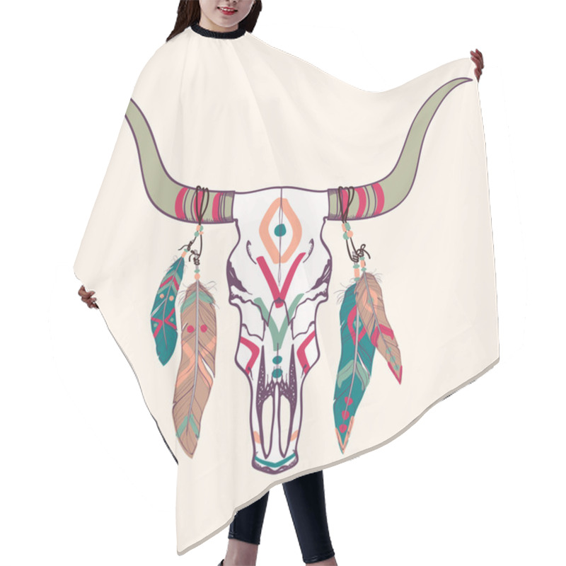 Personality  Vector Illustration Of Bull Skull With Feathers Hair Cutting Cape