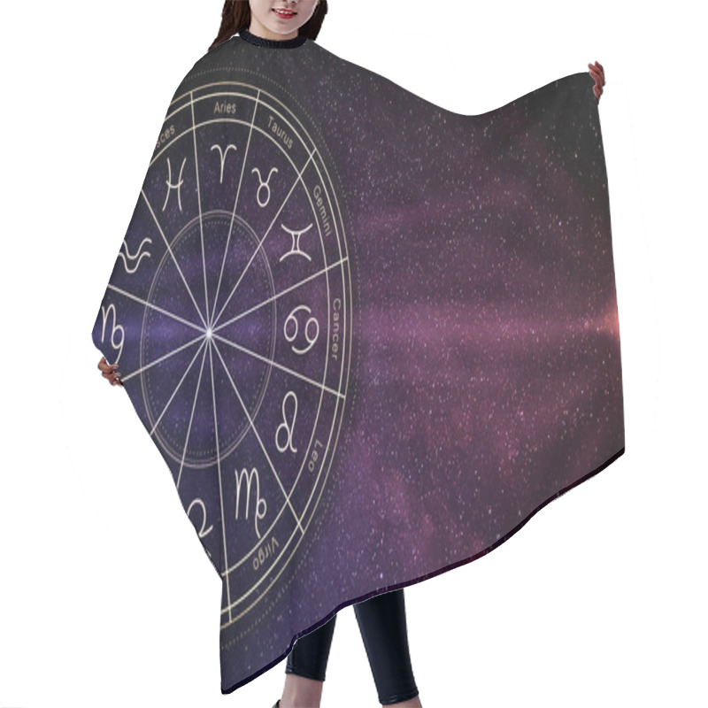 Personality  Zodiac Wheel With Twelve Signs On Starry Sky Background, Space For Text. Horoscopic Astrology Hair Cutting Cape