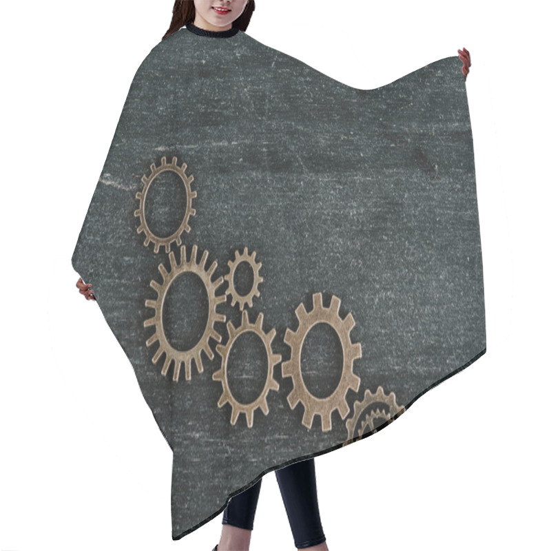 Personality  Top View Of Retro Metal Gears On Dark Wooden Background With Copy Space Hair Cutting Cape