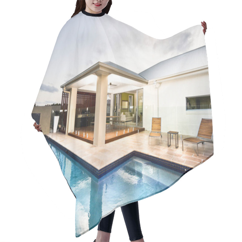 Personality  A Large Swimming Backyard Pool In Modern House Hair Cutting Cape