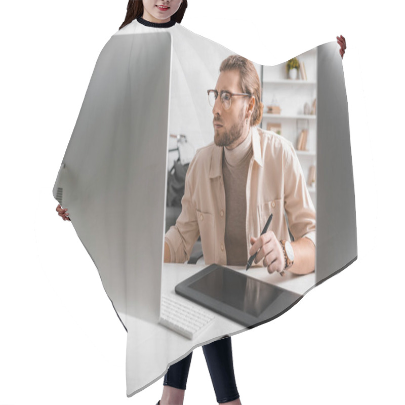 Personality  Handsome 3d Artist Using Graphics Tablet And Computers At Table In Office  Hair Cutting Cape